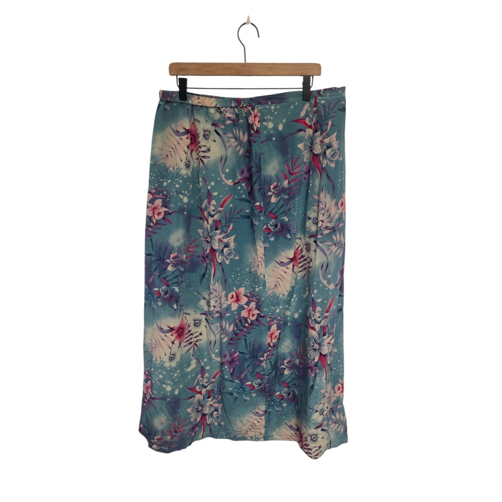 Signatures Jeffrey Banks 100% Silk Tropical Floral Midi Skirt Teal Plus 1X
